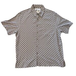 Vintage Silk Shirt Mens XXL Brown Geometric 100% Silk Short Sleeve Button Down